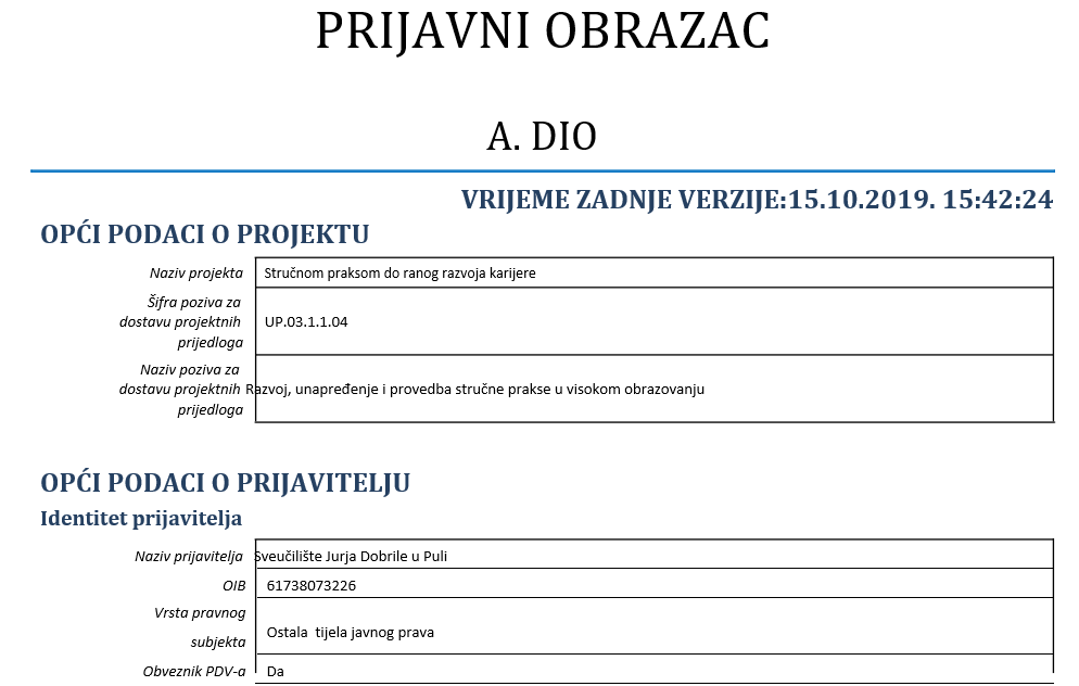 Predan prijavni obrazac za financiranje projekta